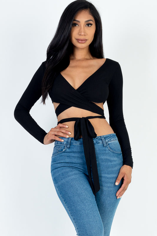 Cross Wrap Tie Front Rib Knit Crop Top - Capella Apparel