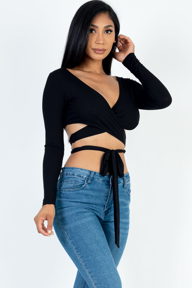 Cross Wrap Tie Front Rib Knit Crop Top - Capella Apparel