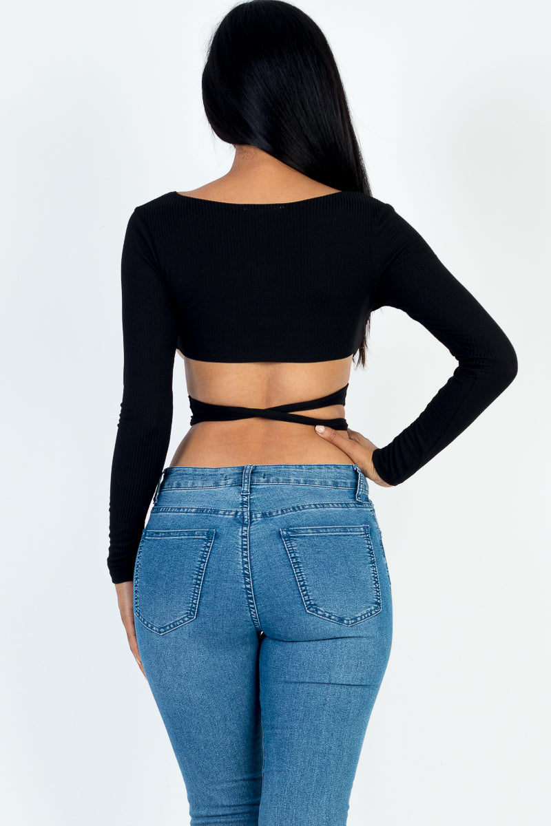 Cross Wrap Tie Front Rib Knit Crop Top - Capella Apparel