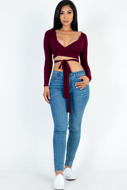 Cross Wrap Tie Front Rib Knit Crop Top - Capella Apparel