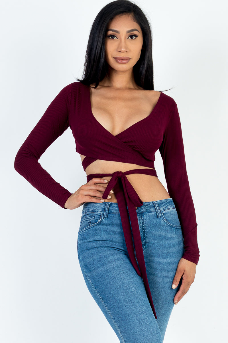 Cross Wrap Tie Front Rib Knit Crop Top - Capella Apparel