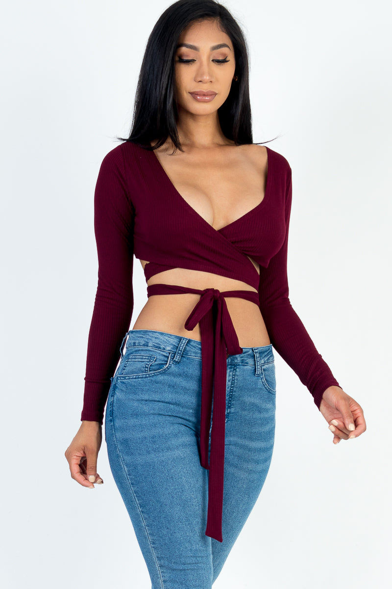 Cross Wrap Tie Front Rib Knit Crop Top - Capella Apparel