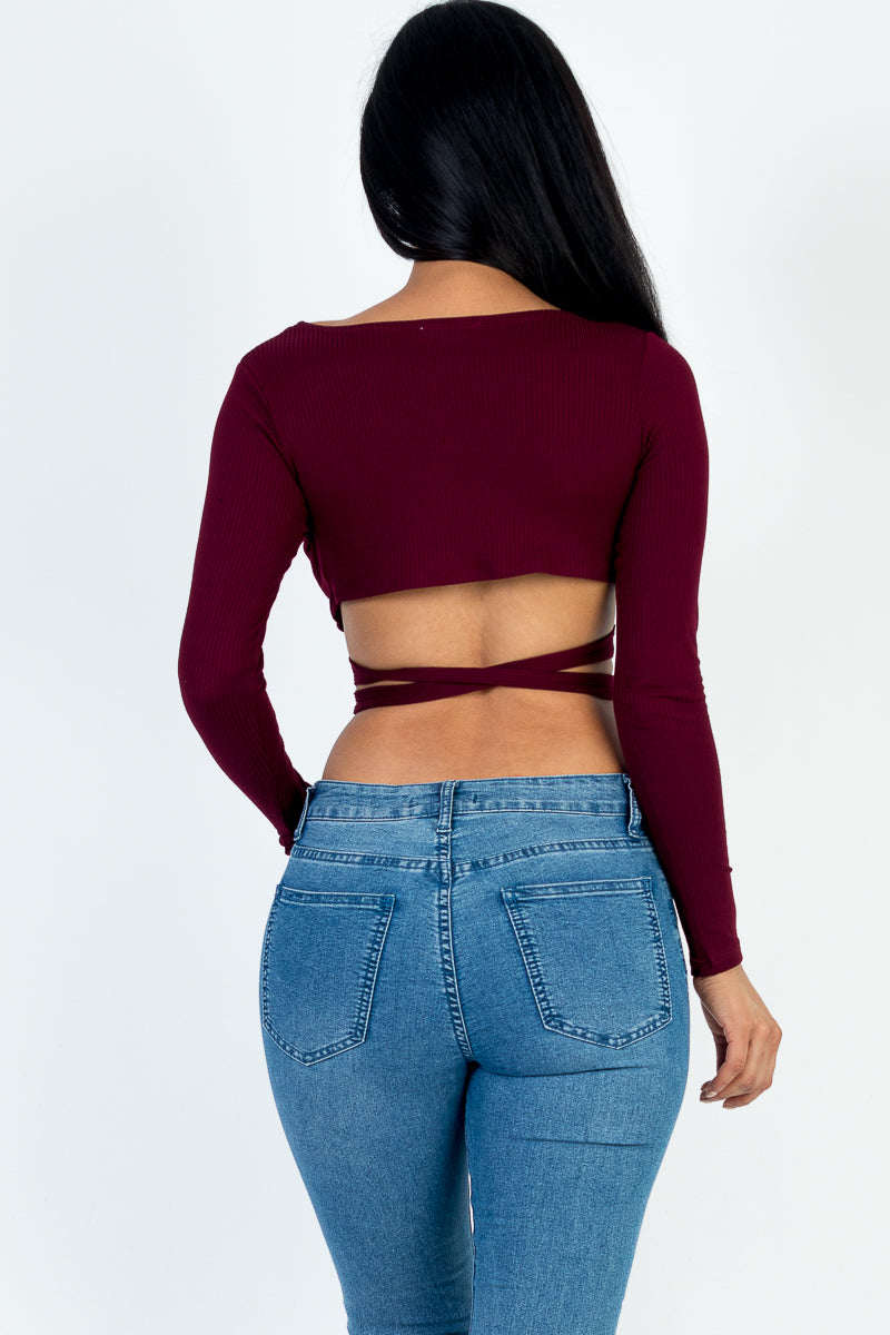 Cross Wrap Tie Front Rib Knit Crop Top - Capella Apparel