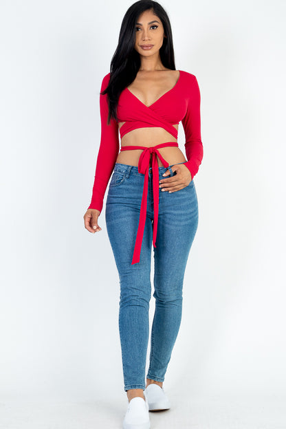 Cross Wrap Tie Front Rib Knit Crop Top - Capella Apparel