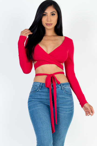 Cross Wrap Tie Front Rib Knit Crop Top - Capella Apparel