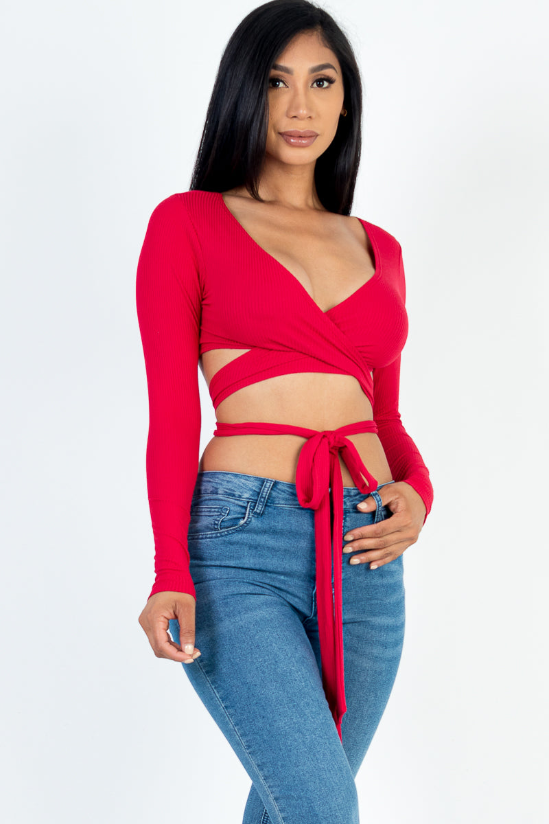 Cross Wrap Tie Front Rib Knit Crop Top - Capella Apparel