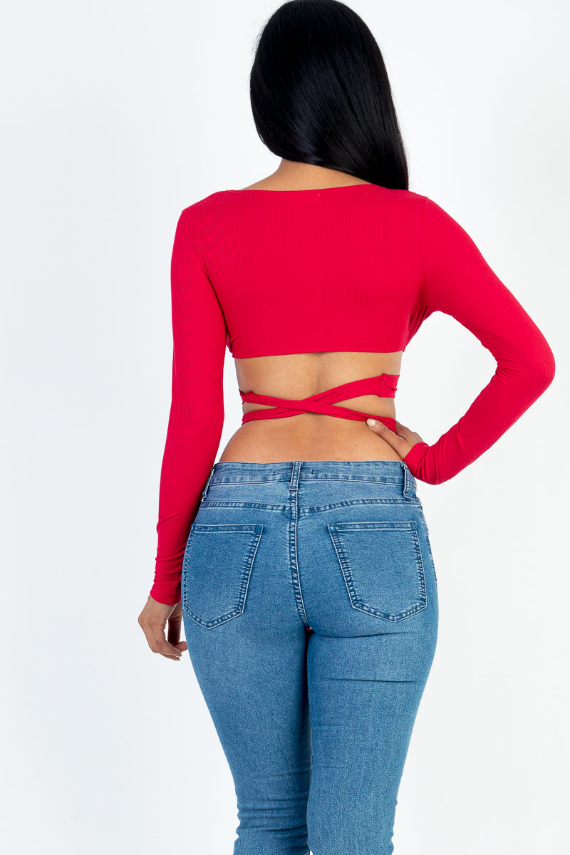 Cross Wrap Tie Front Rib Knit Crop Top - Capella Apparel