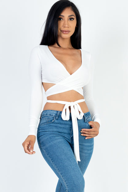 Cross Wrap Tie Front Rib Knit Crop Top - Capella Apparel