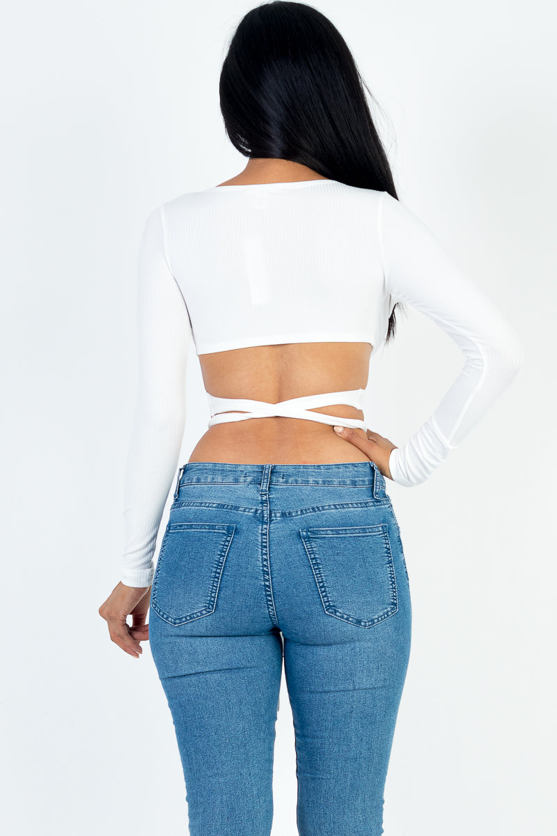 Cross Wrap Tie Front Rib Knit Crop Top - Capella Apparel