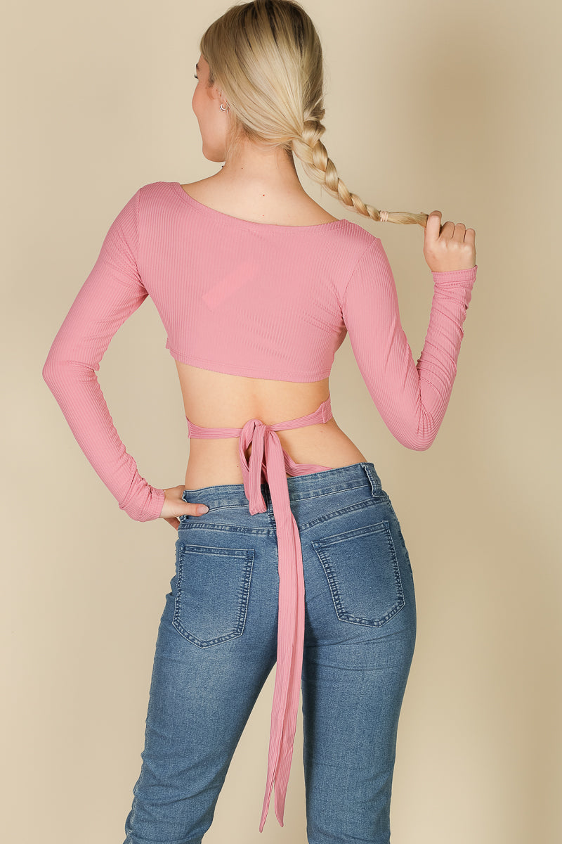 Cross Wrap Tie Front Rib Knit Crop Top - Capella Apparel