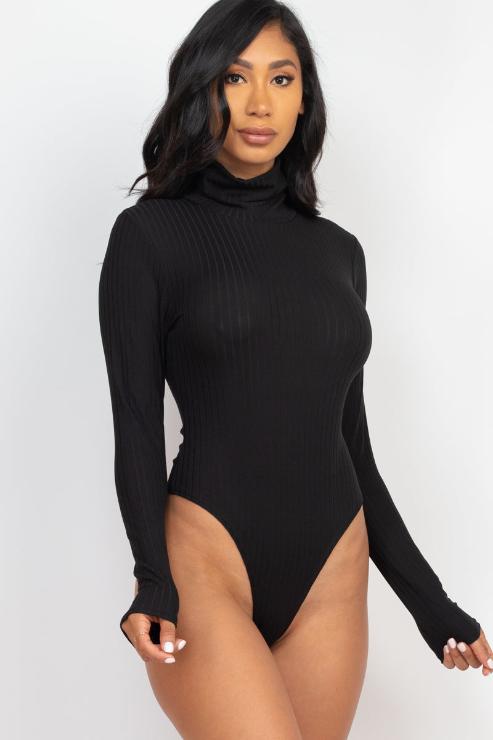 Ribbed Turtle Neck Long Sleeve Bodysuit - Capella Apparel