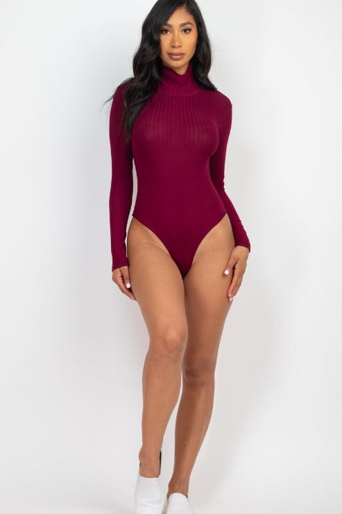 Ribbed Turtle Neck Long Sleeve Bodysuit - Capella Apparel