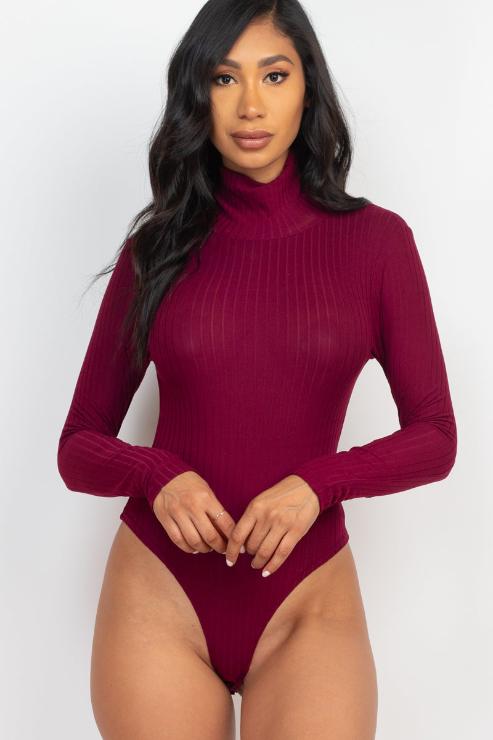 Ribbed Turtle Neck Long Sleeve Bodysuit - Capella Apparel