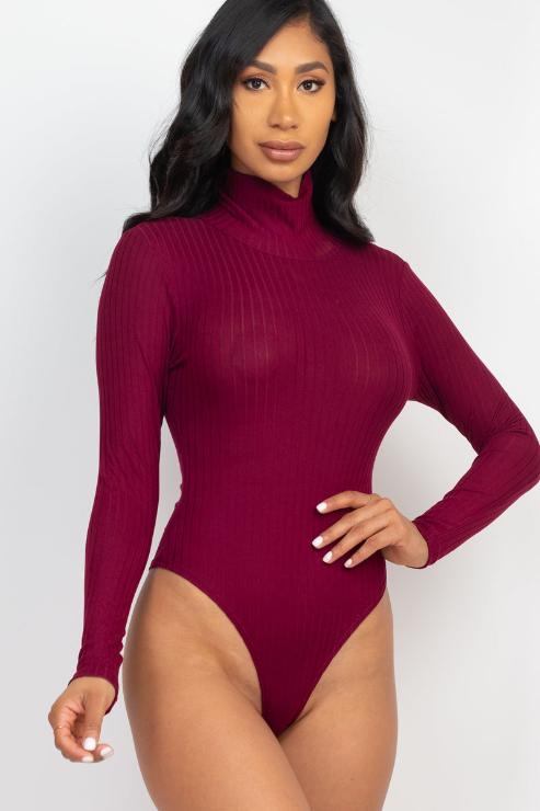 Ribbed Turtle Neck Long Sleeve Bodysuit - Capella Apparel