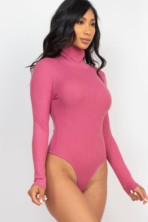 Ribbed Turtle Neck Long Sleeve Bodysuit - Capella Apparel