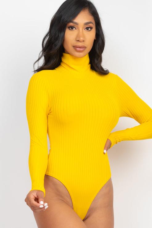 Ribbed Turtle Neck Long Sleeve Bodysuit - Capella Apparel