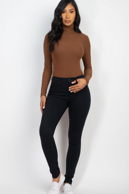 Ribbed Turtle Neck Long Sleeve Bodysuit - Capella Apparel