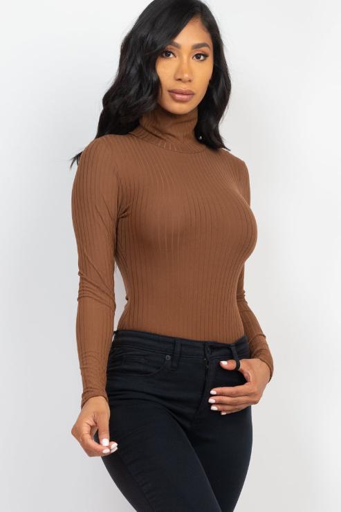 Ribbed Turtle Neck Long Sleeve Bodysuit - Capella Apparel