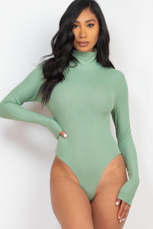 Ribbed Turtle Neck Long Sleeve Bodysuit - Capella Apparel