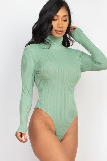 Ribbed Turtle Neck Long Sleeve Bodysuit - Capella Apparel