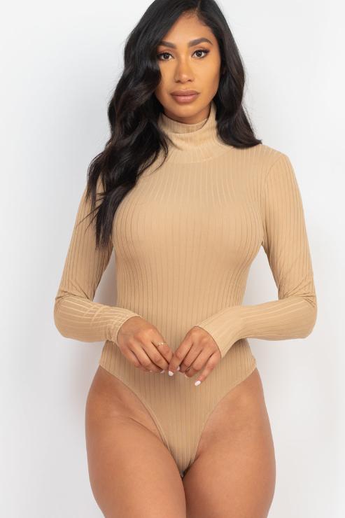 Ribbed Turtle Neck Long Sleeve Bodysuit - Capella Apparel