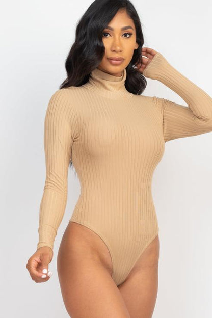 Ribbed Turtle Neck Long Sleeve Bodysuit - Capella Apparel