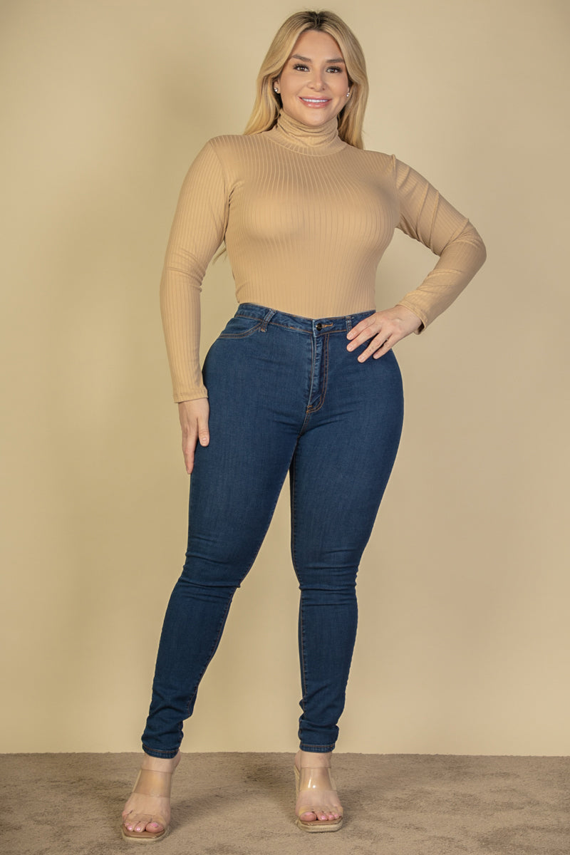 Plus Size Ribbed Turtle Neck Long Sleeve Bodysuit (CAPELLA) - Capella Apparel