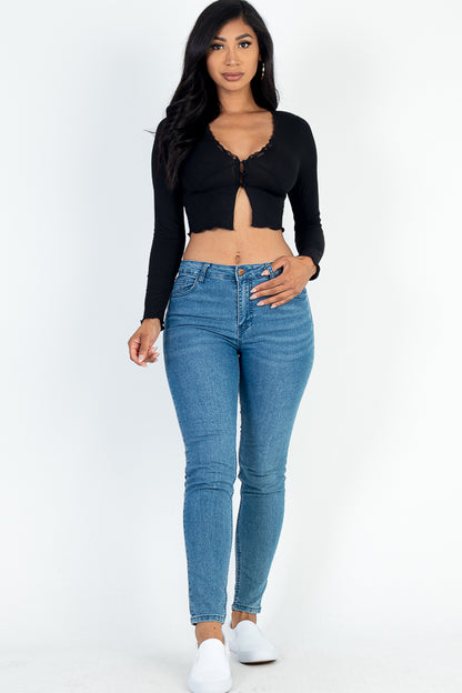 Lettuce Edge Lace Trim Long Sleeve Rib Knit Crop Top - Capella Apparel