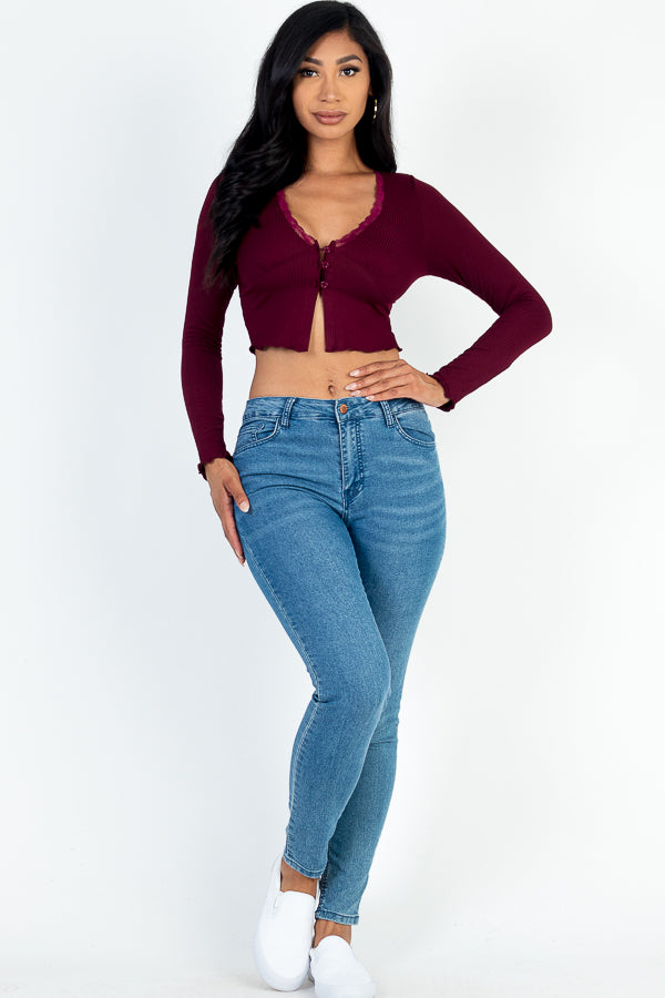 Lettuce Edge Lace Trim Long Sleeve Rib Knit Crop Top - Capella Apparel