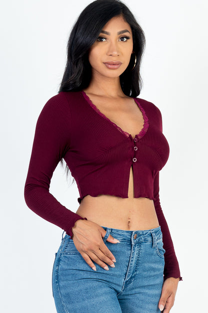 Lettuce Edge Lace Trim Long Sleeve Rib Knit Crop Top - Capella Apparel