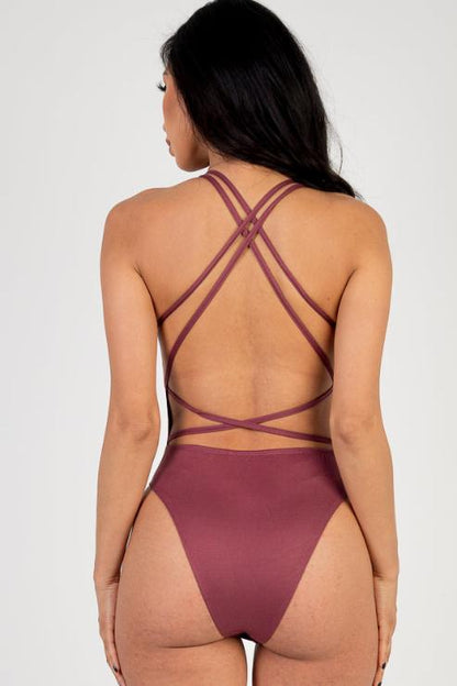 Sexy Spaghetti Strap Crisscross Back Solid Color Bodysuit - Capella Apparel