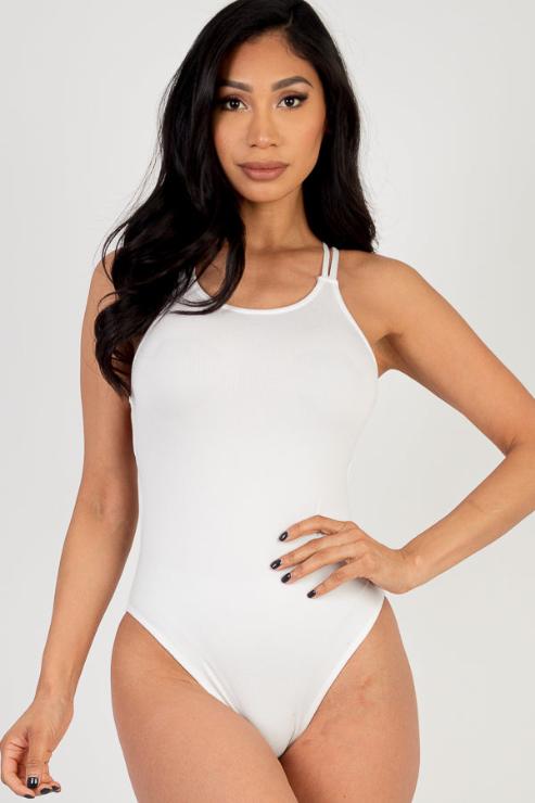 Sexy Spaghetti Strap Crisscross Back Solid Color Bodysuit - Capella Apparel