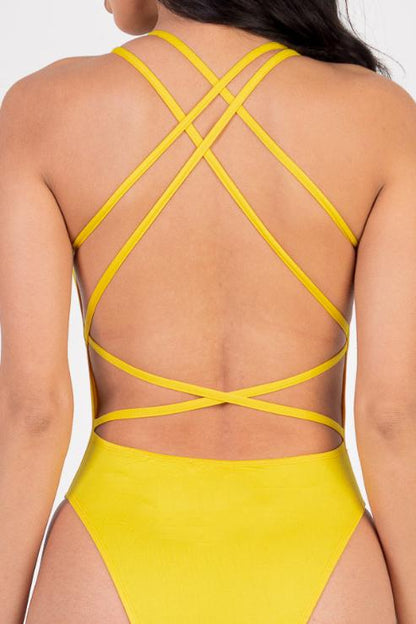 Sexy Spaghetti Strap Crisscross Back Solid Color Bodysuit - Capella Apparel