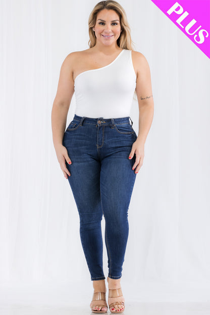 Plus Size One Shoulder Solid Casual Bodysuit - Capella Apparel