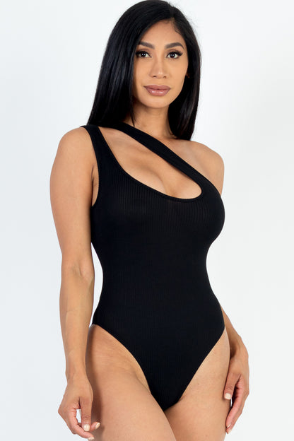 One Shoulder Cut Out Rib Knit Bodysuit - Capella Apparel