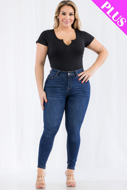 Plus Size Casual Split Neck Solid Short Sleeve Bodysuit - Capella Apparel