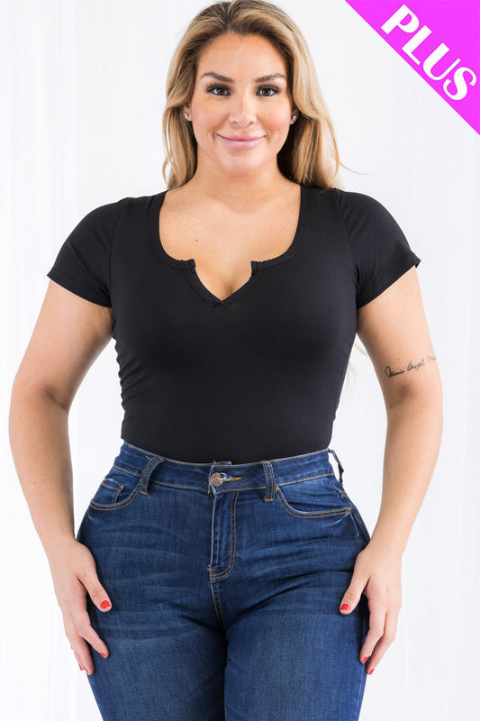 Plus Size Casual Split Neck Solid Short Sleeve Bodysuit (CAPELLA) - Capella Apparel