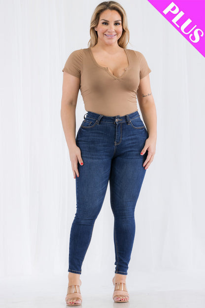 Plus Size Casual Split Neck Solid Short Sleeve Bodysuit (CAPELLA) - Capella Apparel