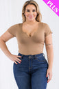 Plus Size Casual Split Neck Solid Short Sleeve Bodysuit - Capella Apparel