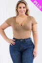 Plus Size Casual Split Neck Solid Short Sleeve Bodysuit (CAPELLA) - Capella Apparel