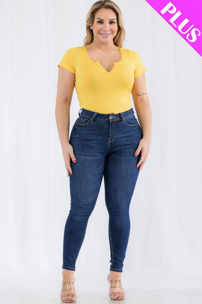 Plus Size Casual Split Neck Solid Short Sleeve Bodysuit - Capella Apparel