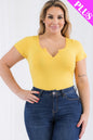 Plus Size Casual Split Neck Solid Short Sleeve Bodysuit - Capella Apparel