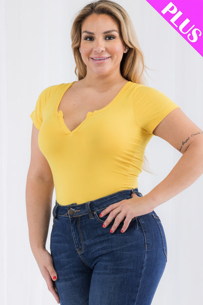 Plus Size Casual Split Neck Solid Short Sleeve Bodysuit - Capella Apparel