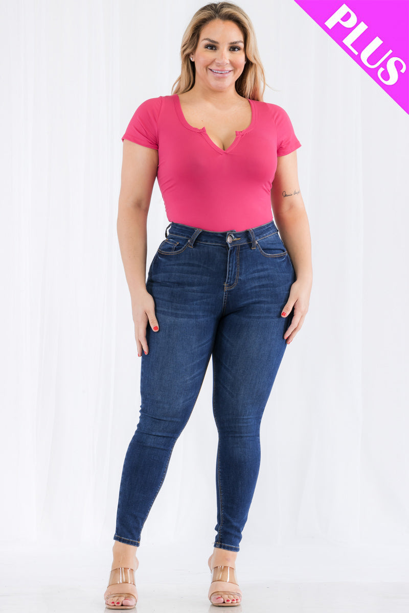 Plus Size Casual Split Neck Solid Short Sleeve Bodysuit - Capella Apparel