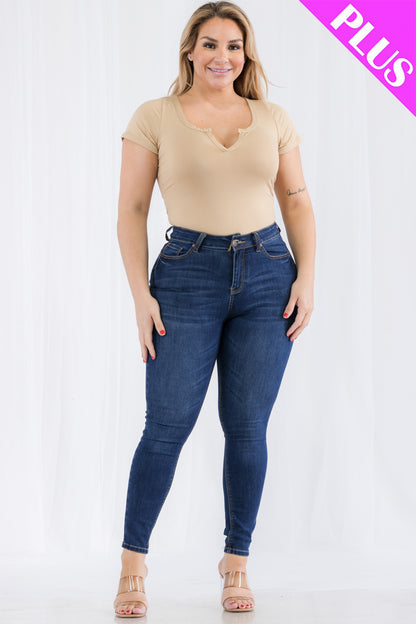 Plus Size Casual Split Neck Solid Short Sleeve Bodysuit - Capella Apparel