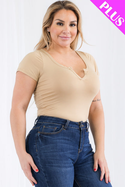 Plus Size Casual Split Neck Solid Short Sleeve Bodysuit - Capella Apparel