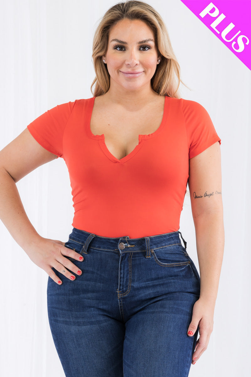 Plus Size Casual Split Neck Solid Short Sleeve Bodysuit (CAPELLA) - Capella Apparel