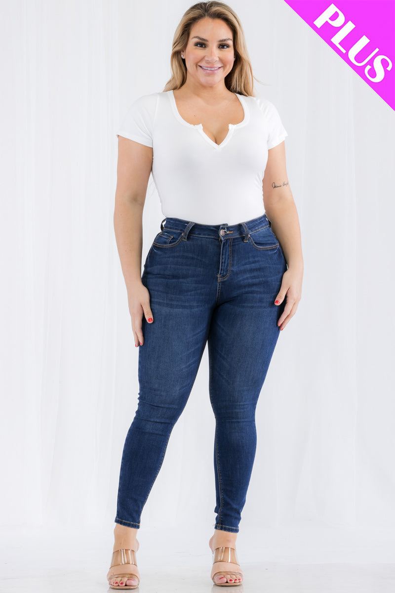 Plus Size Casual Split Neck Solid Short Sleeve Bodysuit (CAPELLA) - Capella Apparel