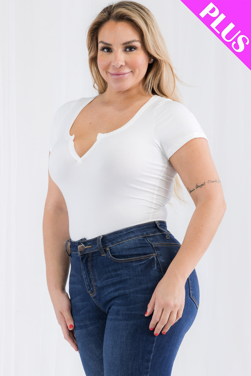 Plus Size Casual Split Neck Solid Short Sleeve Bodysuit (CAPELLA) - Capella Apparel