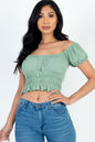 Casual Ruched Puff Sleeve Ribbed Knit Solid Top - Capella Apparel